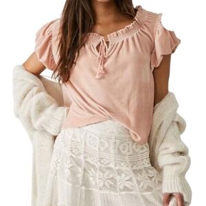 Free People Terese Velvet Blush Pink Tint Women Sz S Peach Split Neck Tassel